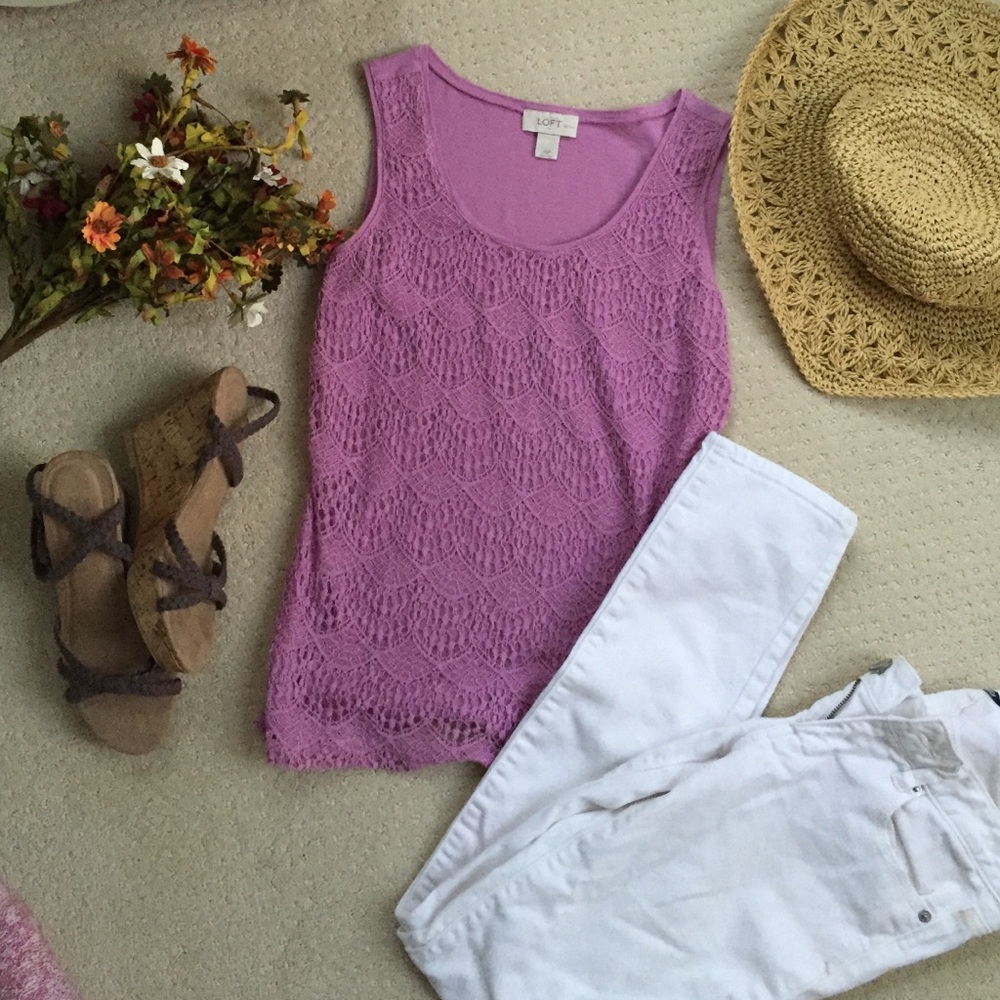 lavender lace overlay cotton tank, worn on…